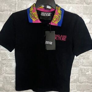 Versace Black Polo – Small, Satin Print Collar (NWT)